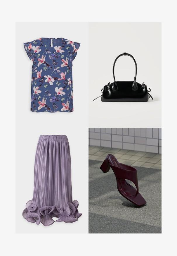 Blå blomstret bluse med korte rynkede ærmer, der har pink og hvide blomster, grønne blade og små sommerfugle på lette stoffer.; Lavendel plisseret mellemlang nederdel med bølget, krøllet kant og elastisk taljebånd på en ensfarvet baggrund.; Mørkerød sandal med høje hæle, firkantet tå og bred rem, placeret på flisebelagt og asfaltbelagt overflade.; Lille sort blank håndtaske med to lange håndtag og snøre-detaljer i siden på en ensfarvet lys baggrund.