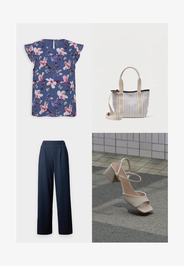 Blaue Bluse mit kurzen, rüschengestalteten Ärmeln, die mit rosa und weißen Blumen, grünen Blättern und kleinen Schmetterlingen auf leichtem Stoff verziert ist.; Marinefarbene, weit geschnittene Hosen mit weißen vertikalen Streifen, gefalteter Vorderseite und doppeltem Knopfverschluss am Bund, gefertigt aus glattem Stoff.; Beige Sandale mit offenem Zehenbereich, dickem Blockabsatz und dünnem Knöchelriemen, schräg auf Asphalt mit gekacheltem Wandhintergrund platziert.; Kleine weiße Tragetasche mit vertikalen schwarzen Streifen, beigen Griffen und einem verstellbaren beigen Schulterriemen auf einem einfarbigen Hintergrund.