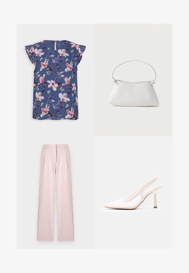 Blå blomstret bluse med korte rynkede ærmer, der har pink og hvide blomster, grønne blade og små sommerfugle på lette stoffer.; Lyserøde bukser med vide ben, frontlæg, bæltestropper og skjult frontlukning, vist mod en ensfarvet baggrund.; Hvid spids tå slingback højhælet sko med blonder og meshoverdel samt slank hæl på enkel lys grå baggrund.; Hvid fletlæderhåndtaske med afrundet håndtag og ender på remmen, der er knyttet, vist mod en ensfarvet baggrund.