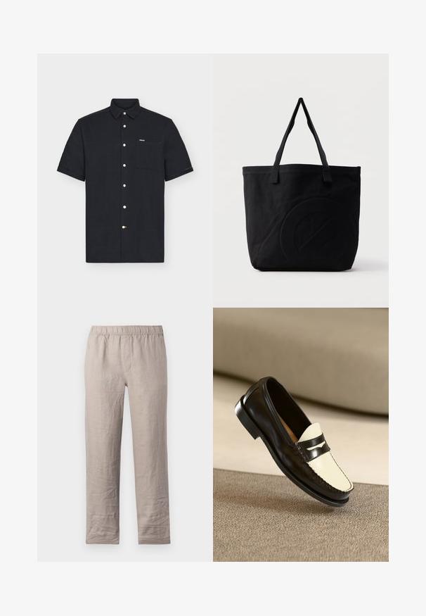 Chemise noire à manches courtes avec boutons, avec une poche poitrine avant et une petite étiquette logo sur fond blanc uni.; Pantalons en lin beige clair avec une taille élastique, coupe droite et sans poches visibles. Texture lisse avec de légères rides.; Mocassin en cuir noir avec un empeigne crème et des rayures noires, présentant un petit talon et des coutures détaillées le long des bords.; Sac fourre-tout en toile noire avec deux bandoulières et un motif circulaire discret en relief sur le devant.
