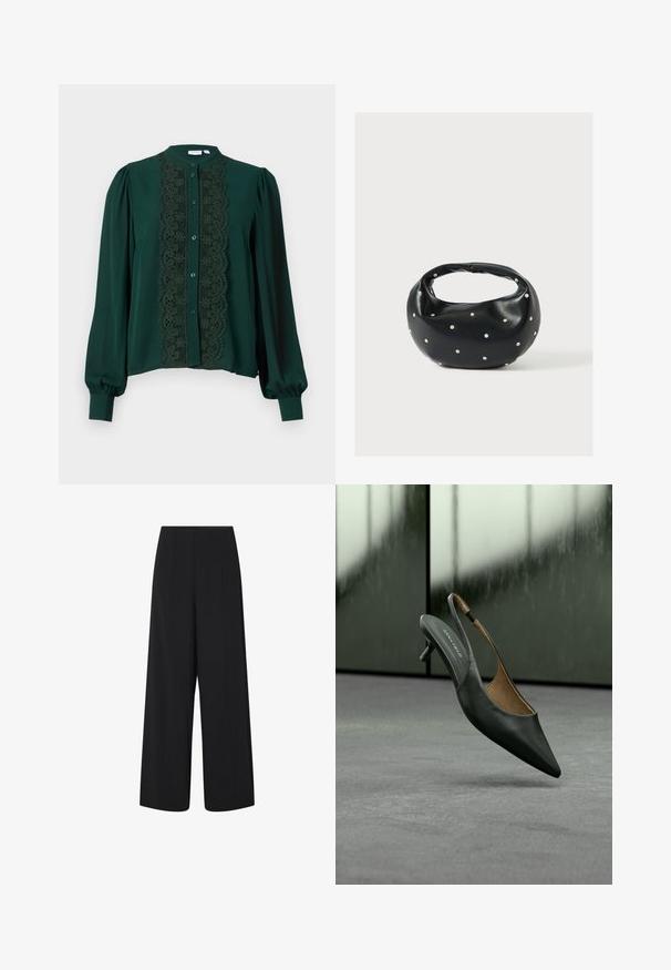 Donkergroene blouse met een hoge kraag en volle mouwen. Voorzien van een kantpaneel aan de voorkant, aangevuld met knopen en een zachte textuur.; Zwarte cropped wide-leg broek met hoge taille en zijzakken, met subtiele verticale naaddetails.; Zwarte slingback kittenheel schoen met spitse neus, een dunne band en "ANNA FIELD" label op de binnenzool, tegen een vage grijze achtergrond.; Zwarte leren handtas met een afgeronde vorm, versierd met zilveren studs, en een korte handgreep. Gladde textuur en ritsluiting.