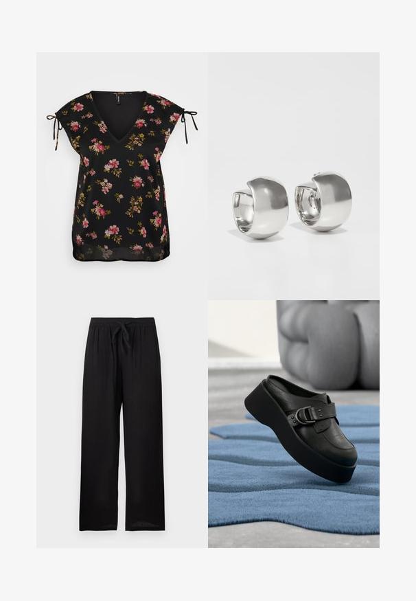 Blouse noire à fleurs avec un décolleté en V, manches courtes et détails à nouer aux épaules. Présente un motif de fleurs roses et vertes. Texture lisse.; Pantalon noir ample avec taille élastique et lien à l'avant, coupe droite, présenté sur un fond uni.; Mule plateforme en cuir noir avec un grand détail de boucle reposant sur un tapis bleu texturé et ondulé, avec un arrière-plan gris flou.; Uncommon Matters SCULPTURAL LARGE CREOLE - Boucles d'oreilles - silver-coloured