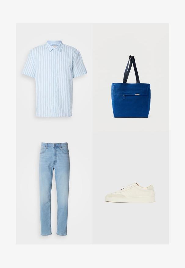 Kurzarm-Hemd mit Knöpfen aus leicht blauem Stoff und vertikalen Streifen. Verfügt über einen spitzen Kragen und weiße Knöpfe auf der Vorderseite.; Hellblaue Jeans mit geradem Schnitt, fünf Taschen und Gürtelschlaufen. Der Stoff hat eine glatte Textur mit einem leichten Verblassungseffekt.; Weiße Wildleder-Sneaker mit glatter Oberfläche, rundem Zehenbereich, flachem Schnürdesign und kontrastierenden, strukturierten Akzenten. Mit einem dezenten Logodetail versehen.; Blaue Canvas-Einkaufstasche mit einer vorderen Reißverschlusstasche, doppelten Schulterriemen und rechteckiger Form. Verfügt über ein dezentes Markenlabel.