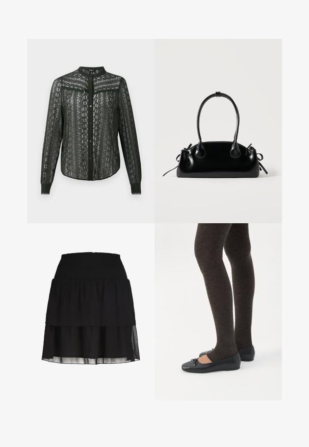 Blouse en dentelle vert foncé avec un col mandarin, une fermeture à boutons à l'avant et un motif complexe sur les manches et le corps.; Mini-jupe noire à volants avec une large ceinture élastique smockée et des couches de tissu légèrement transparentes.; Jambes portant des leggings côtelés foncés associés à des ballerines noires avec de petits détails en nœud sur fond blanc.; Petit sac à main noir brillant avec deux longues anses et des détails à cordon sur les côtés sur un fond clair uni.
