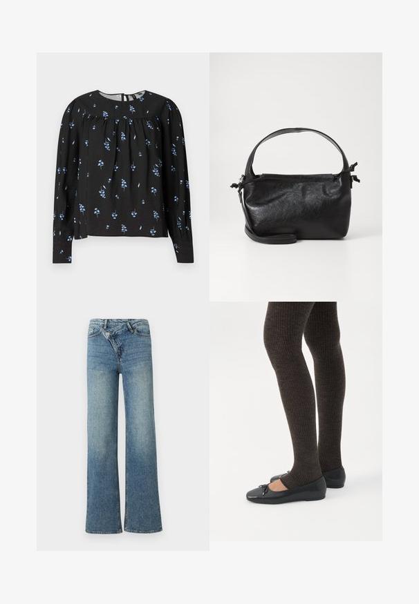 Blouse noire à manches longues avec motif floral bleu, col rond, détails froncés et fermeture à bouton au dos. Texture douce.; Jean en denim bleu clair à jambes larges avec une taille haute, un délavage clair et une fermeture à bouton à l'avant. Comprend cinq poches et des coutures minimales.; Jambes portant des leggings côtelés foncés associés à des ballerines noires avec de petits détails en nœud sur fond blanc.; Sac à main en cuir noir au design structuré, avec une poignée arrondie et une bandoulière amovible. Présente une texture lisse et un éclat subtil.