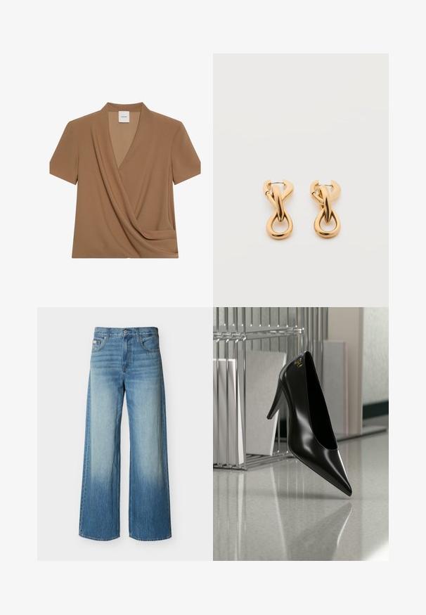 Haut marron à manches courtes avec un design croisé en V drapé et une étiquette Calvin Klein à l'intérieur du col.; Jean en denim bleu à jambes larges avec un délavage clair estompé sur l'avant des cuisses, des poches avant, des passants de ceinture, et une fermeture par bouton.; Chaussure noire à talon haut avec bout pointu et logo doré, posée sur une surface réfléchissante près d'un organiseur de dossiers en fil chromé contenant des documents.; Paire de boucles d'oreilles créoles en bouclettes dorées brillantes sur fond blanc uni, présentant un design torsadé entrelacé.