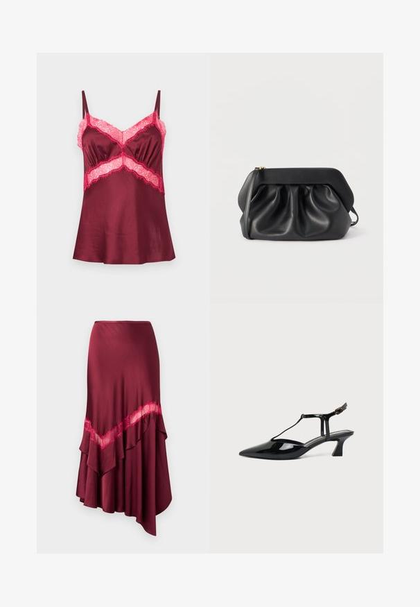 Camisole en satin bordeaux avec bordure en dentelle rose sur la poitrine et la taille, dotée de fines bretelles réglables.; Jupe asymétrique bordeaux avec bordure en dentelle diagonale et volants superposés, présentée sur un fond uni.; Chaussure slingback en cuir verni noir à bout pointu avec bride en T et petit talon bloc incliné sur fond blanc.; Pochette en cuir noir avec une structure rigide, des détails froncés et une fine lanière de poignet sur fond blanc.