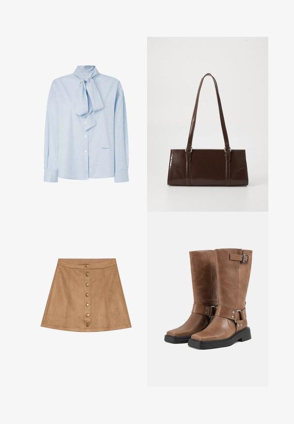 Lyseblå stribet bluse med en sløjfekrave, lange ærmer, knaplukning og et diskret logo i nederste højre hjørne.; Tan ruskinds mini nederdel med flared design, der har en frontknaplukning med messinghardware og syede detaljer.; Par brune læderstøvler til midt på leggen med sorte chunky såler, sidestropper med metal spænder og nitter samt firkantede tåkasser.; Brun lakeret håndtaske med rektangulær form, to lange håndtag og subtile buede detaljer på fronten.