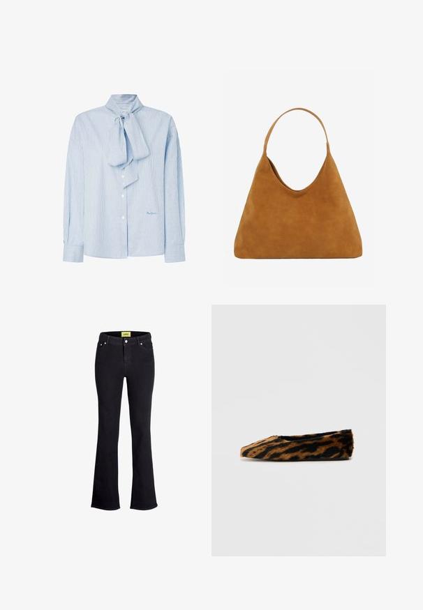 Lyseblå stribet bluse med en sløjfekrave, lange ærmer, knaplukning og et diskret logo i nederste højre hjørne.; Sort denim flared jeans med et standard fem-lomme design, der har en knap- og lynlås-lukning samt et kontrasterende gult mærke ved taljen.; Faux fur balletflade med et brunt og sort stribet mønster, rund tå og flad sål. Blød tekstur og elegant design.; Brun ruskind trekantet skuldertaske med enkelt strop og glat, ubehandlet overflade mod hvid baggrund.