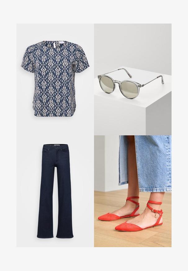 ONLY Carmakoma CARVICA LIFE - Blouse - total eclipse; Jean large bleu foncé en denim. Doté d'un design classique à cinq poches, de boutons à l'avant et de coutures droites.; Ballerines en daim rouge à bout pointu et bandes de cheville, ornées d'une boucle en or et d'un charm en forme de croissant de lune, sur un sol en bois.; Lunettes de soleil rondes avec des montures grises transparentes et des verres teintés en gris. Éléments en métal sur les branches et bras courbés pour la stabilité.