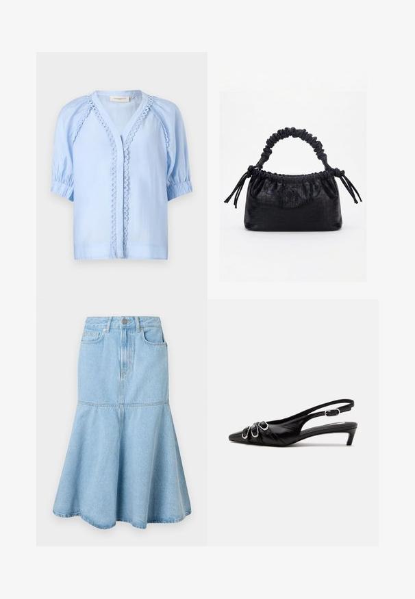 Blusa de color azul claro, de manga corta y con escote en V, con un ribete decorativo en los bordes de la abertura frontal y puños de manga fruncidos.; Falda de mezclilla azul claro con un fondo acampanado, que presenta una cintura ajustada, bolsillos y detalles de costura sutiles.; Zapato slingback de cuero negro con punta puntiaguda, tres hebillas plateadas en la parte delantera y tacón bajo tipo «kitten» sobre fondo blanco.; Bolso negro con textura de cocodrilo, borde superior fruncido, asa recogida y cordones con borlas en cada lado sobre un fondo blanco.
