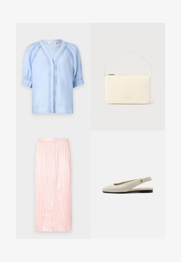 Blusa de color azul claro, de manga corta y con escote en V, con un ribete decorativo en los bordes de la abertura frontal y puños de manga fruncidos.; Falda midi plisada en rosa suave, con una textura suave y una cintura elástica. Diseñada con pliegues verticales que le dan un aspecto fluido.; Zapato plano slingback de cuero color crema con puntera redondeada y pequeño emblema dorado en la correa.; Bolso rectangular color crema con una sola correa y cremallera superior, con una pequeña placa de logotipo en relieve en el frente.