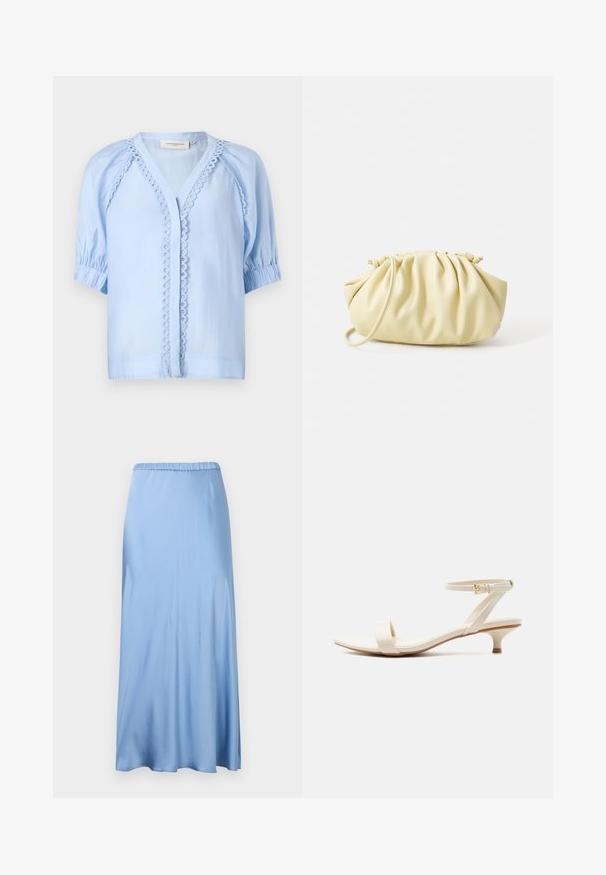 Himmelblause, kurzärmelige Bluse mit V-Ausschnitt, mit dekorativem Schlaufenrand entlang der Vorderöffnung und gerafften Ärmelsäumen.; Hellblauer Satin-Midirock mit elastischem Bund, zeichnet sich durch eine glatte Textur und eine leichte A-Linien-Silhouette aus. Keine sichtbaren Muster oder Akzente.; Beige Sandale mit niedrigem Absatz, einem einzelnen Zehenriemen und verstellbarem Knöchelriemen mit kleiner goldener Schnalle, vor weißem Hintergrund.; Gelbe, gefaltete Handtasche aus glattem Kunstleder mit weicher Form, einzigem Schulterriemen und gerafftem Oberteil.
