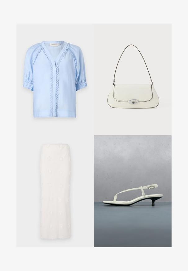 Lichtblauw, kortemouwen blouse met V-hals, voorzien van decoratieve lussen langs de voorkant en geraffineerde mouwmanchetten.; Witte knie-lange rok van gestructureerde stof, voorzien van een geborduurd patroon met subtiele franjes. Rechte snit en naadloze tailleband.; Witte sandaal met smalle bandjes en kitten heel, met een spitse neus, zwevend boven een houten tegelvloer buiten, met op de achtergrond een wazige plant en muur.; Witte leren handtas met een gebogen ontwerp, contrasterende zwarte stiksels en een zilveren sluiting met het Calvin Klein-logo.
