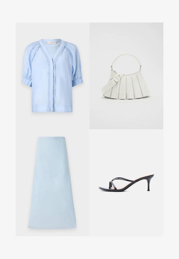 Lichtblauw, kortemouwen blouse met V-hals, voorzien van decoratieve lussen langs de voorkant en geraffineerde mouwmanchetten.; Lichtblauwe A-lijn rok van een soepele stof, met een strak design zonder zichtbare patronen of accenten, die tot halverwege de benen reikt.; Zwarte laklederen sandaal met hakken, dunne gekruiste bandjes en een slanke, middelhoog stilettohak op een witte achtergrond.; Lacoste LENGLEN BAG - Handtas - cristalline