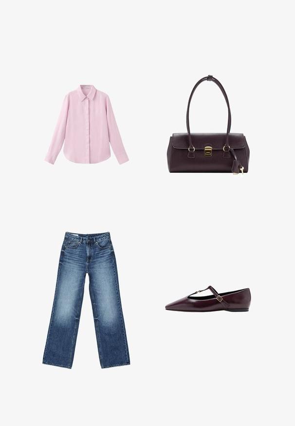 Chemise à manches longues boutonnée, de couleur rose clair, avec un col classique et des boutons avant cachés, présentée à plat sur un fond blanc.; Jean en denim bleu avec un effet délavé sur les cuisses, coupe droite à jambes larges, fermeture avant avec bouton, fermeture éclair, et style cinq poches.; Ballerine à bout pointu en cuir bordeaux foncé. Elle présente une bride T avec une petite boucle et un talon bas. Texture lisse avec des accents minimalistes.; Sac à main en cuir violet foncé avec un design structuré, deux poignées, des accessoires dorés, un rabat plat avec un fermoir et un détail porte-clés.