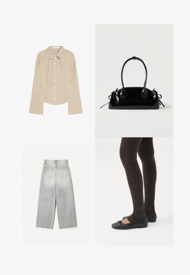 Chemise beige à manches longues avec boutons, motif à carreaux noirs, col pointu et coupe ajustée.; Jean en denim gris à jambes larges avec une finition délavée, présentant deux poches arrière et un ourlet brut.; Jambes portant des leggings côtelés foncés associés à des ballerines noires avec de petits détails en nœud sur fond blanc.; Petit sac à main noir brillant avec deux longues anses et des détails à cordon sur les côtés sur un fond clair uni.