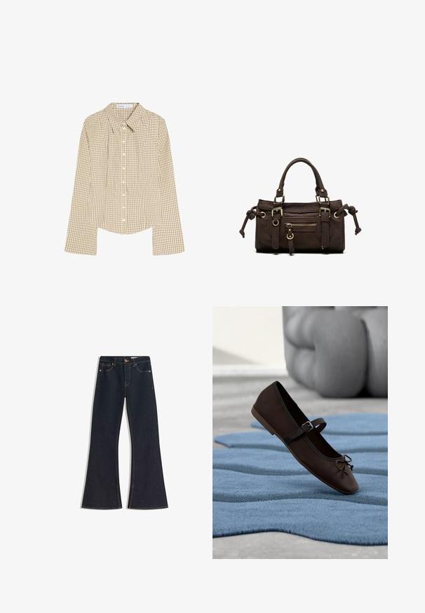 Chemise beige à manches longues avec boutons, motif à carreaux noirs, col pointu et coupe ajustée.; Jean évasé en denim foncé avec une taille haute, des coutures contrastantes, une fermeture à bouton et quatre poches. Les jambes s'élargissent à l'ourlet.; Chaussure plate Mary Jane marron foncé avec boucle et détail nœud reposant sur un tapis texturé bleu ondulé, et un canapé gris rembourré en arrière-plan.; Sac à main en cuir marron foncé avec double poignée, poche avant zippée, boucles décoratives et nœuds latéraux sur fond blanc.
