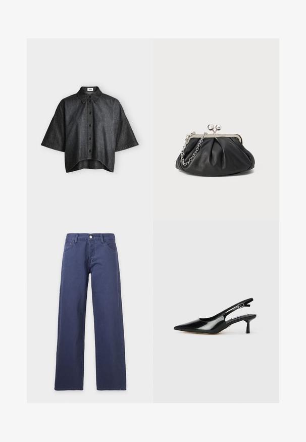 Chemise gris foncé à manches courtes, boutonnée, avec des manches larges et un col pointu, affichée à plat sur un fond clair.; Jean en denim bleu foncé à jambes droites, avec poches avant, passants pour ceinture et fermeture à bouton à la taille sur un fond uni.; Escarpins à talons slingback en cuir verni noir avec un bout pointu, un talon fin et une sangle réglable. Texture lisse avec un détail minimal.; Porte-monnaie en cuir noir avec texture froncée, cadre en métal argenté, fermeture à verrouillage kiss-lock et bandoulière en chaîne. Surface lisse et douce.