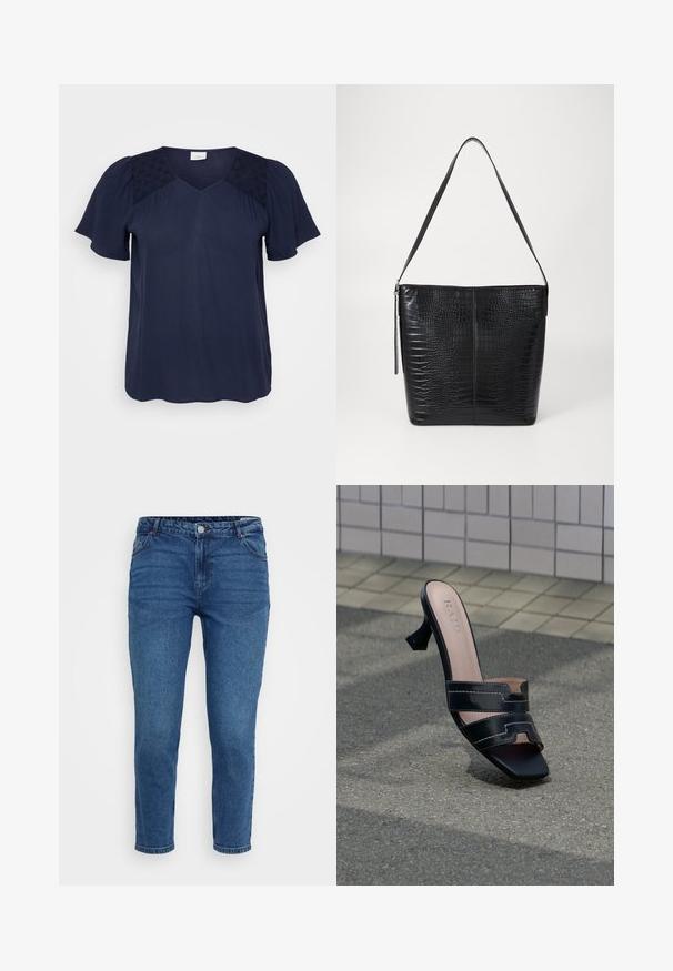 Mørkeblå kortærmet bluse med V-udskæring, der har teksturerede stofpaneler på skuldrene og en glat, strømmende krop.; Blå denim jeans med mellemhøj talje, fem-lomme design og lige ben. Har stikninger og metalhardware-detaljer.; Sort åben tå højhælede mule med dobbelt strop og firkantet tå på tekstureret fortov mod baggrund af flisevæg.; Sort håndtaske i krokodillepræget læder med flad krop, justerbar rem og lynlåslukning. Glat tekstur med struktureret form.