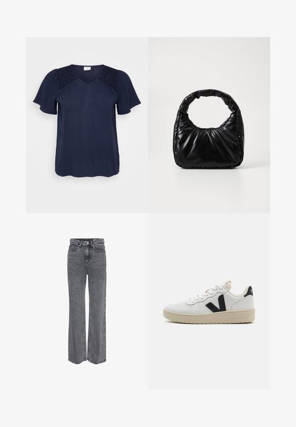 Marineblaue kurzärmlige Bluse mit V-Ausschnitt, die strukturierte Stoffpanels an den Schultern und einen glatten, fließenden Körper aufweist.; Graue Denim-Jeans mit hoher Taille und geradem Bein, vorne mit Knöpfen und Reißverschluss sowie klassischem Fünf-Taschen-Design.; Weiße Leder-Sneaker mit schwarzem Logo, perforiertem Zehenbereich und beiger Gummisohle. Verfügt über eine glatte Textur und ein Schnürdesign.; Schwarze gepolsterte Handtasche mit einem runden Griff, die eine glatte, glänzende Oberfläche und eine weiche, gestepfte Textur aufweist. Keine sichtbare Hardware oder Akzente.