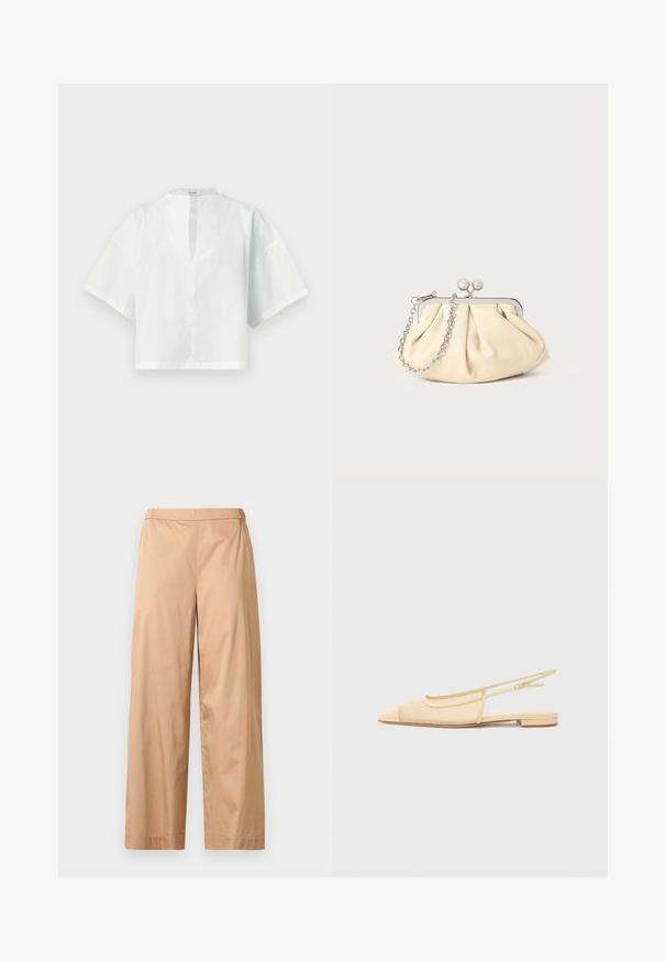 Blouse blanche pour femme à manches courtes avec une fente en V et une coupe ample et rectangulaire, présentée sur un fond uni.; Pantalon beige à jambes larges avec une taille haute, un devant plat et un ourlet droit, présenté sur un fond gris clair uni.; Chaussure plate slingback en beige clair avec une tige en maille, un bout pointu et un petit talon. Dotée d'une sangle ajustable pour un bon maintien.; Pochette en cuir beige plissé avec un cadre en métal argenté, dotée de deux fermoirs ronds décoratifs et d'une chaîne en argent.