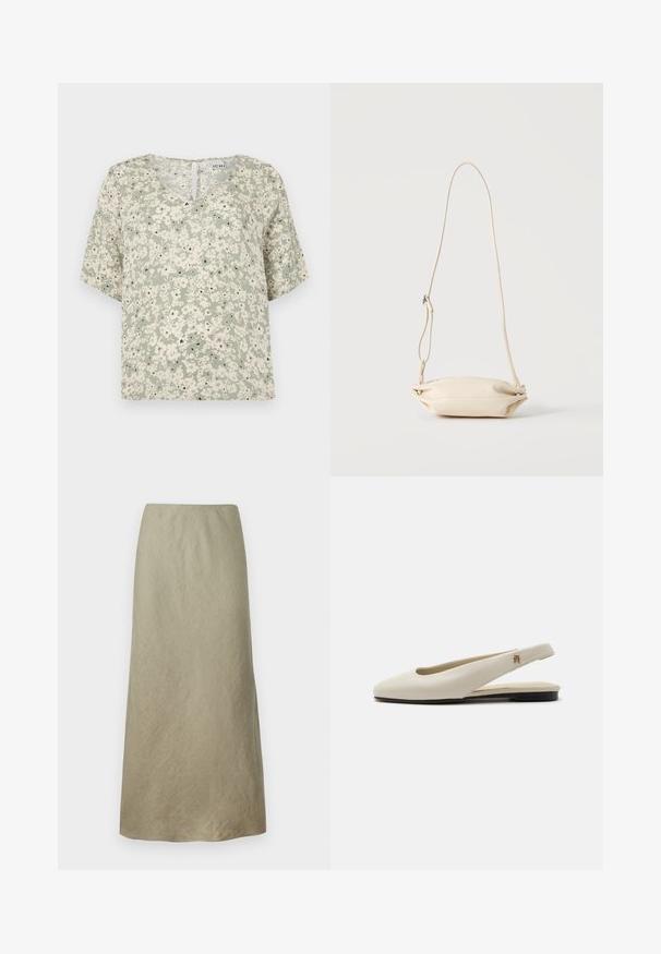 Korte mouwen blouse in lichtgroene stof met witte bloemenpatronen en zwarte accenten. V-hals met een klein sleutelgatdetail aan de achterkant.; Knielange A-lijnrok van zacht, olijfgroen stof met een subtiele textuur en zonder zichtbare sluitingen of versieringen.; Crèmekleurige leren slingback platte schoen met ronde neus en klein gouden embleem op het bandje.; Kleine beige leren crossbody tas met verstelbare riem, getoond tegen een effen lichte achtergrond.