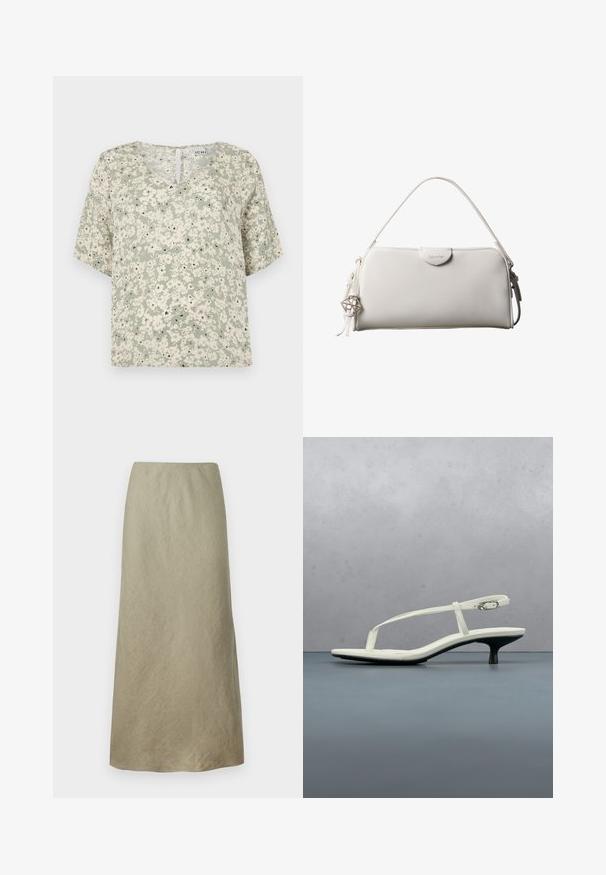 Blusa de manga corta en tela verde claro con patrones florales blancos y acentos negros. Escote en V con un pequeño detalle de ojal en la parte posterior.; Falda en línea A hasta la rodilla de suave tela verde oliva con una textura sutil y sin cierres ni adornos visibles.; Sandalia blanca de tacón kitten con tiras y punta afilada, flotando sobre un suelo de baldosas de madera al aire libre, con un fondo desenfocado de plantas y pared.; Bolso rectangular blanco de Calvin Klein con un solo asa, diseño minimalista y borlas decorativas con un charm metálico geométrico en el lateral.