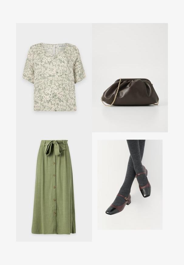 Korte mouwen blouse in lichtgroene stof met witte bloemenpatronen en zwarte accenten. V-hals met een klein sleutelgatdetail aan de achterkant.; Lange olijfgroene rok met knopen aan de voorkant en een brede stoffen riem die in een strik is gebonden in de taille.; Bordeaux leren Mary Jane-schoenen met een zwarte laktoecap en dunne enkelband; gedragen met donkergrijze geribde sokken. Lage blokhak.; Bruine leren handtas met een geaccentueerd ontwerp, gouden kettinghengsel en een zachte, textuurafwerking. Compacte vorm geschikt voor avondgebruik.