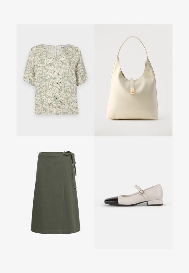Blusa de manga corta en tela verde claro con patrones florales blancos y acentos negros. Escote en V con un pequeño detalle de ojal en la parte posterior.; Falda cruzada verde oliva hasta la rodilla con cierre de lazo lateral y costuras visibles en los bordes.; Zapato estilo Mary Jane en cuero crema con puntera de charol negro. Presenta una punta redonda, tirante en el tobillo con una hebilla cuadrada y un tacón bajo y cuadrado.; Bolso hobo de cuero color crema con una sola correa para el hombro, textura suave y detalle de cierre metálico dorado en el frente.