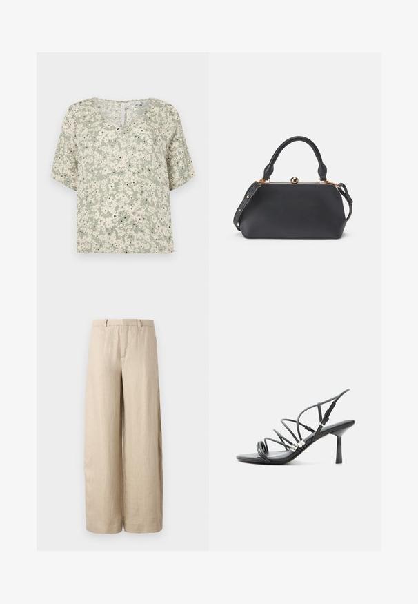 Blusa de manga corta en tela verde claro con patrones florales blancos y acentos negros. Escote en V con un pequeño detalle de ojal en la parte posterior.; Pantalones anchos color beige, hechos de lino. Presentan un pliegue frontal, dos bolsillos laterales y una cinturilla con pasadores para cinturón. Textura suave.; Sandalia negra de tacón alto con tiras finas y curvas, detalles plateados y una hebilla ajustable en el tobillo sobre un fondo blanco.; Bolso de cuero negro con parte superior redondeada, mango corto y correa desmontable. Presenta un cierre metálico y una textura suave.