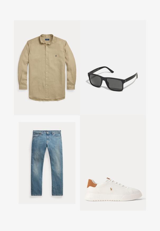Beige blouse met lange mouwen met knopen, kraag, knopen aan de voorkant en klein marineblauw geborduurd logo op de linkerborst.; Lichtblauwe denim jeans met een rechte pasvorm, knoopsluiting, vijf zakken, subtiele vervaging en stikselaccenten.; Witte lage sneaker met beige hieltab, witte veters en klein geborduurd polo spelerlogo aan de zijkant boven een dikke zool.; Zwarte rechthoekige zonnebril met donkere lenzen en matte afwerking. Voorzien van het ingekruide "POLO"-logo op de armen en een robuust frameontwerp.
