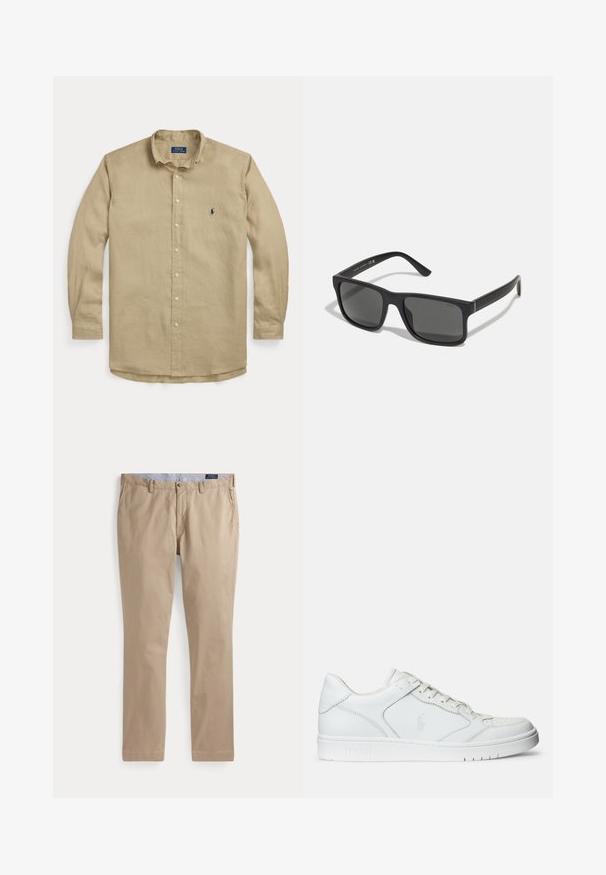 Beige langärmliges Hemd zum Knöpfen mit Kragen, vorderen Knöpfen und kleinem dunkelblau besticktem Logo auf der linken Brust.; Beige Chinos mit geradem Bein, Gürtelschlaufen, vorderem Knopf, Seitentaschen und einem sichtbaren Polo Ralph Lauren Label innen am Bund.; Weißer Ledersneaker mit glatter Textur, ausgestattet mit einer perforierten Zehenpartie, Schnürverschluss und gesticktem Logo an der Seite. Weiße Gummisohle.; Schwarze rechteckige Sonnenbrille mit dunklen Gläsern und matter Oberfläche. Enthält das eingeprägte "POLO"-Logo an den Bügeln und ein robustes Rahmendesign.
