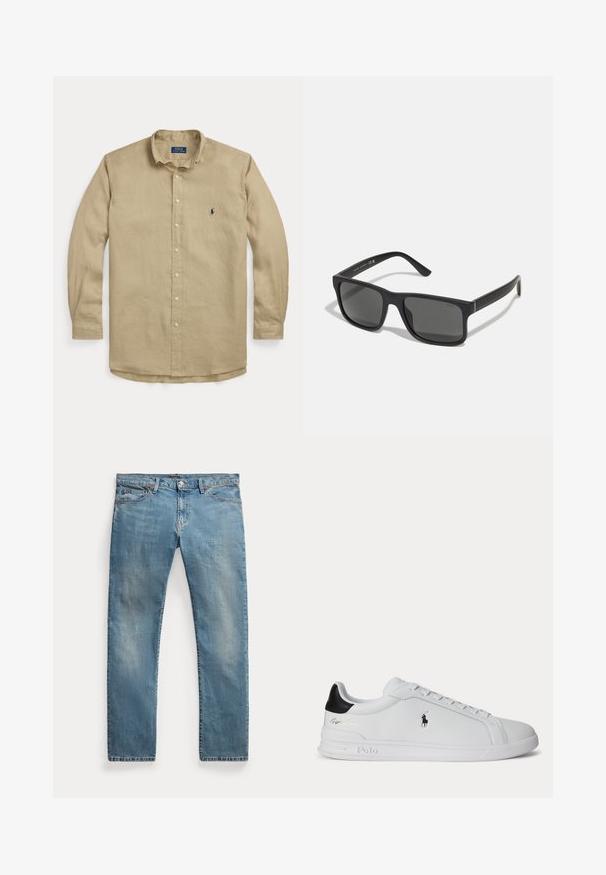 Beige langärmliges Hemd zum Knöpfen mit Kragen, vorderen Knöpfen und kleinem dunkelblau besticktem Logo auf der linken Brust.; Hellblaue Jeans mit geradem Bein, Fronttaschen, Gürtelschlaufen, Knopfverschluss und leicht ausgewaschenen Details.; Weißer Sneaker mit niedrigem Schaft, schwarzem Fersenlasche, Schnürsenkeln und Polo Ralph Lauren Logo an der Seite, mit geprägten Sohlen-Details.; Schwarze rechteckige Sonnenbrille mit dunklen Gläsern und matter Oberfläche. Enthält das eingeprägte "POLO"-Logo an den Bügeln und ein robustes Rahmendesign.