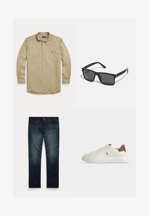 Beige langærmet skjorte med knapper, krave, forreste knapper og lille mørkeblå broderet logo på venstre bryst.; Mørkeblå denimjeans med subtil falming på forreste lår og orange syninger, med knap- og lynlåslukning samt fem lommer.; Hvid lavtopsneaker med brunt hæltab, snørebånd foran, tyk sål og lille broderet hestelogo på siden.; Sorte rektangulære solbriller med mørke linser og mat finish. Har et præget "POLO"-logo på stængerne og et robust rammedesign.