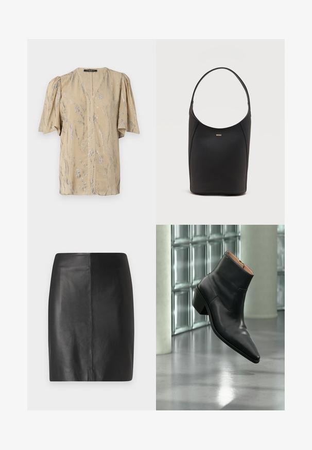 Haut beige avec des manches courtes et bouffantes, présentant un décolleté en V et un motif en vagues argentées scintillantes sur l'ensemble, fabriqué en matériau léger.; Jupe en cuir noir avec une coupe ajustée et une texture lisse, présentant une couture centrale à l'avant et une silhouette épurée et minimaliste.; Bottine en cuir noir avec un bout pointu et un talon carré lévitant au-dessus d'un sol gris réfléchissant près d'un mur en blocs de verre.; Sac seau en cuir noir avec une seule bandoulière et un petit logo BOSS doré centré près du haut à l'avant.