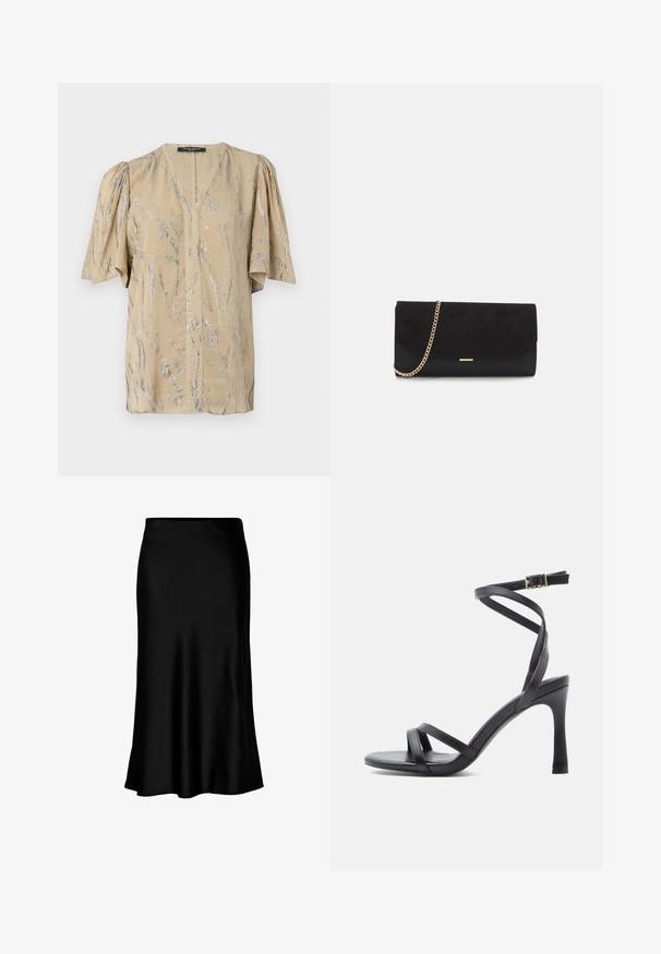 Haut beige avec des manches courtes et bouffantes, présentant un décolleté en V et un motif en vagues argentées scintillantes sur l'ensemble, fabriqué en matériau léger.; Jupe midi en satin noir au toucher lisse, avec un ourlet évasé et une taille ajustée, arborant un design simple et classique.; Sandales à talons hauts noires au design élégant, avec deux fines brides sur les orteils et une bride croisée à la cheville avec une boucle.; Porte-monnaie noir en daim avec une finition texturée, doté d'une chaîne dorée et d'un design épuré et angulaire.