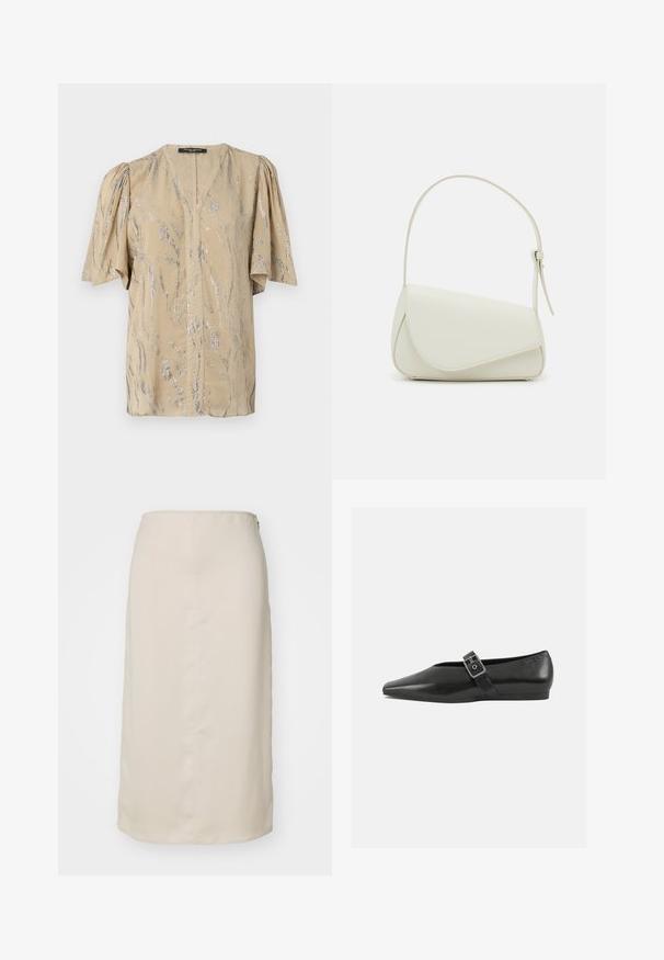 Haut beige avec des manches courtes et bouffantes, présentant un décolleté en V et un motif en vagues argentées scintillantes sur l'ensemble, fabriqué en matériau léger.; Jupe crayon beige avec une texture lisse, de longueur genou, et une fermeture éclair dissimulée à l'arrière. Style minimaliste, sans motifs.; Chaussure plate en cuir noir avec un orteil pointu, présentant une sangle à boucle métallique sur le cou-de-pied et une semelle basse et flexible.; Sac à main en cuir synthétique blanc avec une forme triangulaire structurée, une bandoulière unique réglable et un rabat à courbes accentuées.
