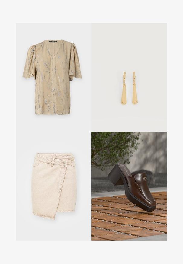 Haut beige avec des manches courtes et bouffantes, présentant un décolleté en V et un motif en vagues argentées scintillantes sur l'ensemble, fabriqué en matériau léger.; Jupe mini en denim beige au design enveloppé, dotée d'une fermeture à bouton, de coutures visibles et d'une texture légèrement usée.; Mule à talon en cuir marron Calvin Klein flottant au-dessus d'un sol en carrelage en bois avec en arrière-plan une plante verte et un mur flous.; Boucles d'oreilles pendantes en ton or avec des pendentifs lisses en forme de goutte allongée suspendus à de petites attaches en forme d'anneau sur un fond blanc.
