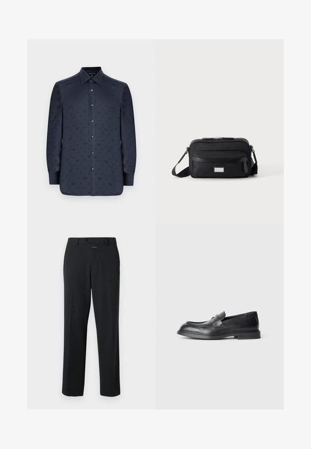 Camisa azul marino de manga larga con botones, que presenta un patrón texturizado de pequeñas formas en V en toda su superficie, hecha de una tela suave.; Pantalones negros de corte recto, fabricados en una tela suave. Presentan un cierre frontal con botón y detalles de costura sutiles. Diseño liso sin patrones.; Mocasines de cuero negro con acabado texturizado, que cuentan con una correa decorativa en la parte delantera y punta redondeada. Suela de goma para mayor durabilidad.; Bolso bandolera rectangular negro con bolsillo frontal con cremallera, correa ajustable y placa de logo rectangular plateada sobre fondo liso.