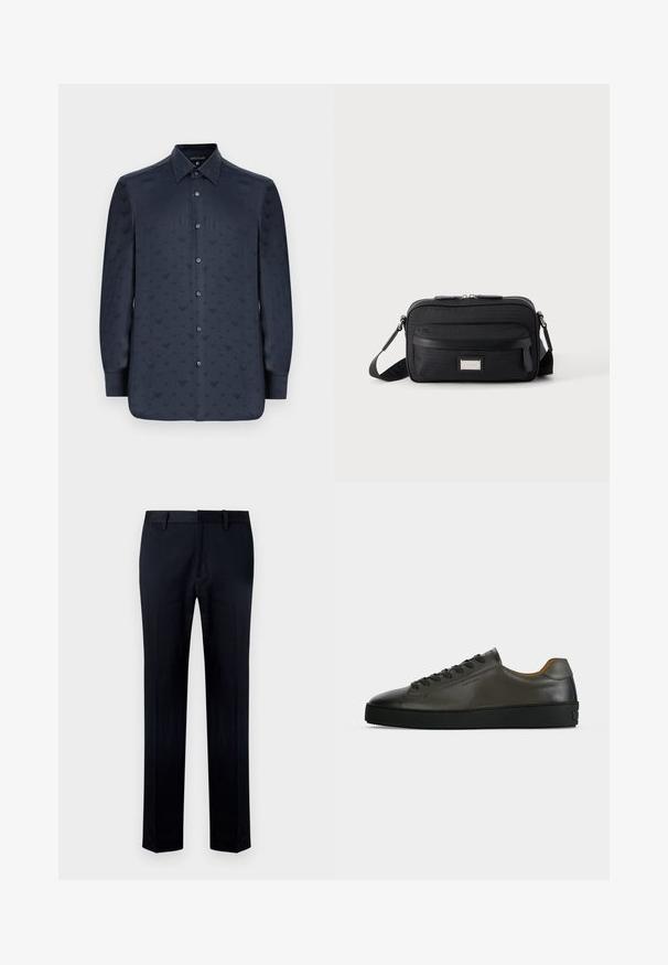 Camisa azul marino de manga larga con botones, que presenta un patrón texturizado de pequeñas formas en V en toda su superficie, hecha de una tela suave.; Pantalones negros confeccionados con tela suave, con un diseño de pierna recta, cinturilla con trabillas y cierre de cremallera.; Zapatilla baja de piel gris oscuro con cordones y suela negros, diseño minimalista, perfil lateral sobre un fondo claro y liso.; Bolso bandolera rectangular negro con bolsillo frontal con cremallera, correa ajustable y placa de logo rectangular plateada sobre fondo liso.