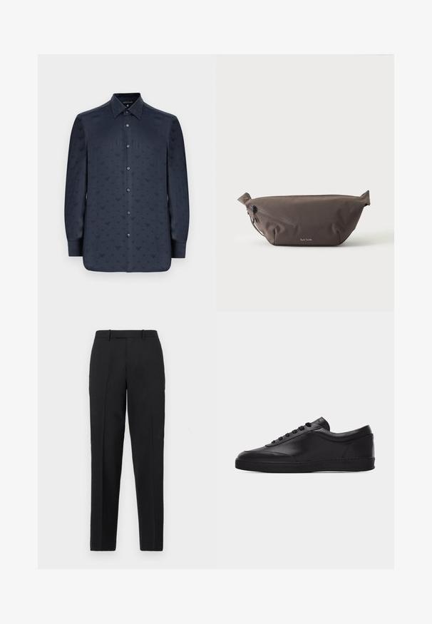 Marineblauwe overhemd met lange mouwen, met een geweven patroon van kleine V-vormen door het hele shirt, gemaakt van gladde stof.; Theory STRAIGHT - Broek - deep black; Zwarte lage leren sneaker met vetersluiting aan de voorkant en een platte rubberen zool, gezien van de zijkant tegen een effen witte achtergrond.; Donkerbruine stoffen heuptas met diagonale ritssluiting en klein wit logo aan de voorkant, tegen een effen lichte achtergrond.