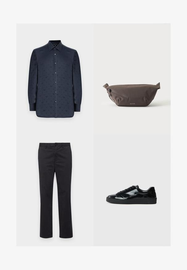 Camisa azul marino de manga larga con botones, que presenta un patrón texturizado de pequeñas formas en V en toda su superficie, hecha de una tela suave.; Pantalones de algodón negros con un diseño de pierna recta, que cuentan con cierre de botón y passantes para el cinturón. Textura suave, sin patrones ni acentos visibles.; Zapatillas de charol negro con punta redonda, diseño con cordones, suela de goma texturizada y acabado suave.; Riñonera de tela marrón oscuro con bolsillo diagonal con cremallera y pequeño logo blanco en el frontal, sobre un fondo liso y claro.