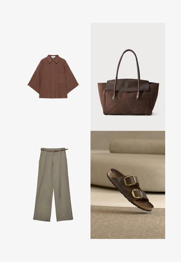 Chemise marron oversize à boutons avec larges manches 3/4, col pointu et poche poitrine unique.; Pantalon kaki à jambes larges avec poches latérales et passants de ceinture, associé à une fine ceinture en cuir marron avec une boucle argentée.; Sandale à enfiler en cuir marron avec deux boucles dorées et semelle en liège, flottant au-dessus d'un tapis beige et d'un canapé en arrière-plan.; Sac fourre-tout en daim marron avec un design structuré, des accents en cuir lisse, des poignées allongées et une couture contrastante subtile.