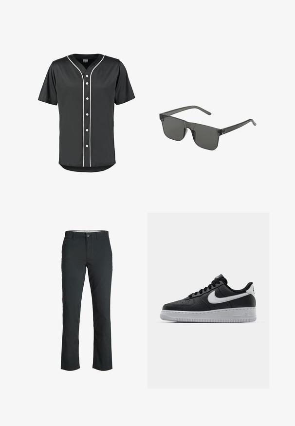 Sort kortærmet baseballtrøje lavet af glat stof. Har hvide knapper og kontrasterende hvide kanter langs fronten og kraven.; Jack & Jones Chino Slim Fit - Chino - black; Sort lædersneaker med tekstureret overflade, hvid Nike swoosh, grå sål, rund tå og snørebåndsdesign. Har perforeringer på tåboksen.; Grå solbriller med rektangulær form, lavet af gennemsigtig plastic. Mørke linser og slanke arme med en subtil logo detalje på siden.