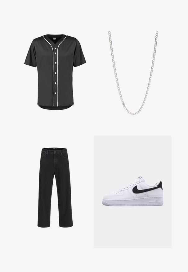 Sort kortærmet baseballtrøje lavet af glat stof. Har hvide knapper og kontrasterende hvide kanter langs fronten og kraven.; Sorte denim jeans med lige ben, knap- og lynlåslukning, bæltestropper samt for- og baglommer.; Hvide lædersneakers med en struktureret sort Swoosh, flade snørebånd og en gummisål med et rillemønster. "AIR" er præget på hælen.; Sølv kædedesign med sammenkoblede led, glat tekstur og ensartet rektangulær form. Sikker lukning.