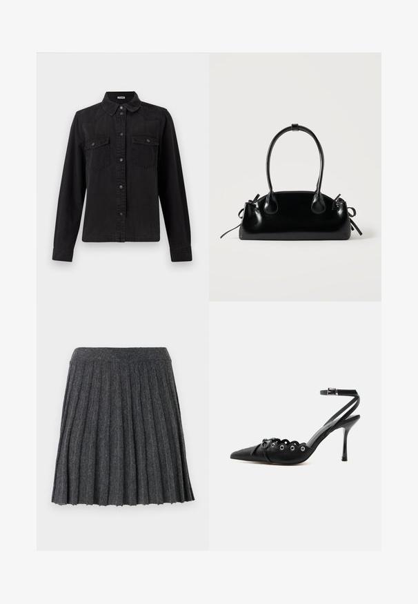 Schwarze Denim-Button-Up-Hemd mit langen Ärmeln, zwei Brusttaschen mit Klappe und einem klassischen Kragen auf weißem Hintergrund.; Vero Moda Knitted VMMARINA Short - Minirock - dark grey; Schwarzer, spitzer High-Heel-Schuh mit geschwungenen Kanten, Metallösen, Schnürung vorne und Knöchelriemen mit Schnallverschluss.; Kleine schwarze glänzende Handtasche mit zwei langen Griffen und seitlichen Kordelzug-Details vor einfachem hellem Hintergrund.