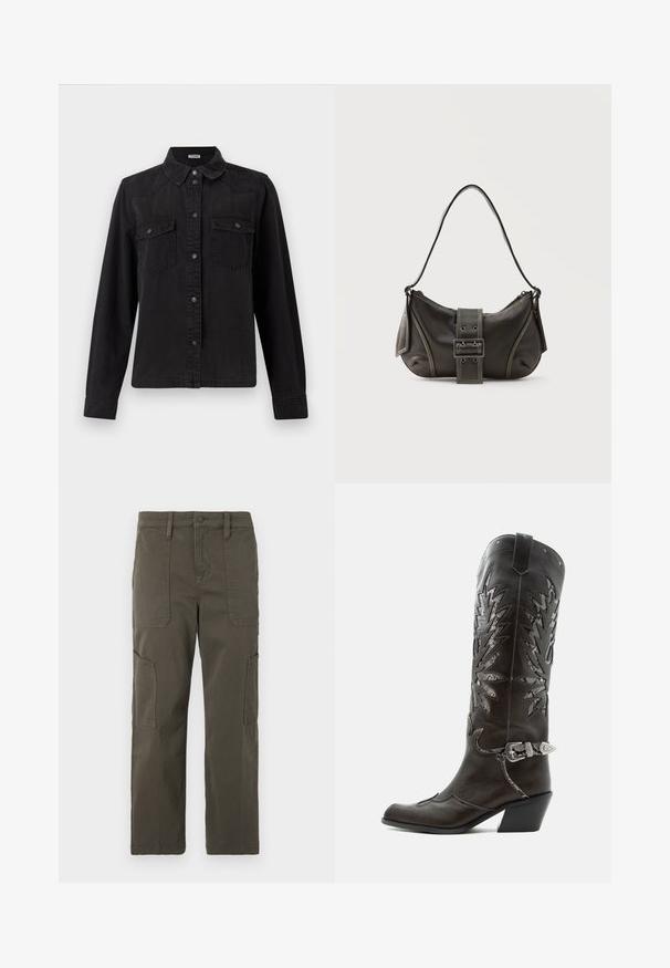 Čierna riflová košeľa na gombíky s dlhým rukávom, dvomi vreckami s chlopňou na prsiach a klasickým golierom na bielom pozadí.; Good American CROPPED PANTS - Kapsáče - fatigue; Čierna kožená kovbojská čižma s dekoratívnymi výrezmi, striebornou prackou a šikmým podpätkom, zobrazovaná na bielom pozadí.; Čierna kožená kabelka cez rameno s detailom prackového popruhu, zaoblenými okrajmi a kontrastným bielym prešívaním na jednoduchom pozadí.