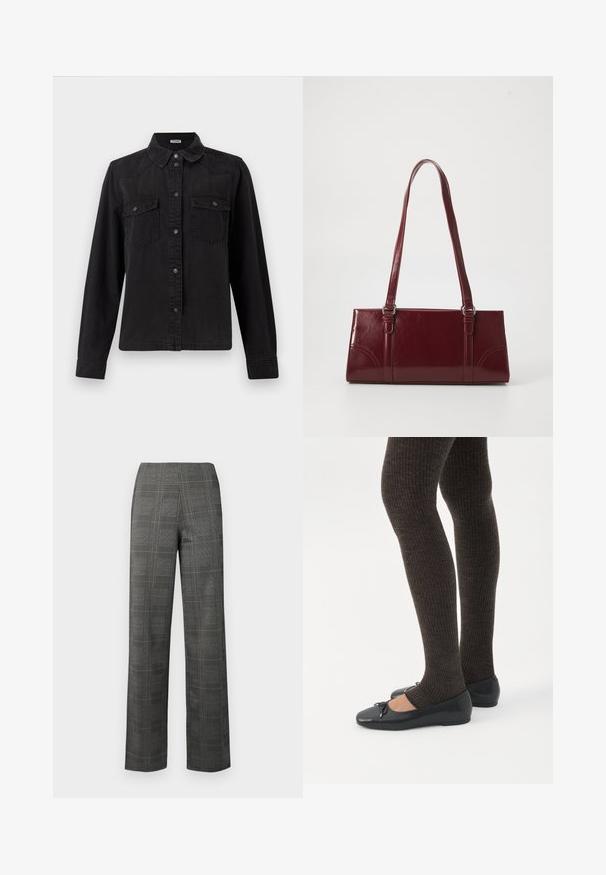 Camisa de mezclilla negra con botones y manga larga, dos bolsillos con solapa en el pecho y un cuello clásico sobre un fondo blanco.; Pantalones de cuadros ajustados con base gris, que presentan un diseño de cuadros en blanco y negro, cintura alta y corte recto. Textura suave.; Piernas con leggings oscuros acanalados combinados con bailarinas negras que presentan pequeños detalles de lazo sobre un fondo blanco.; Bolso burdeos hecho de material brillante, de forma rectangular, con dos asas para el hombro y sutiles acentos curvados en la parte frontal.