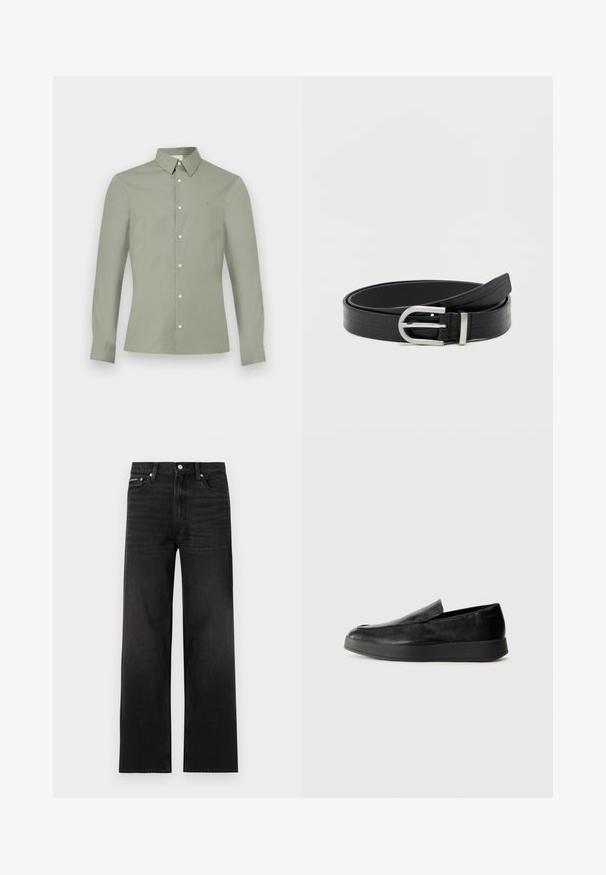 Chemise à manches longues vert clair avec col boutonné et boutons blancs, présentée sur un fond blanc uni.; Jean noir droit avec cinq poches, passants pour ceinture et fermeture par bouton, présenté sur un fond blanc.; Calvin Klein HYBRID CUP - Chaussons - triple black; Ceinture en faux cuir noir avec texture crocodile et boucle ronde en argent, enroulée sur un fond blanc uni.
